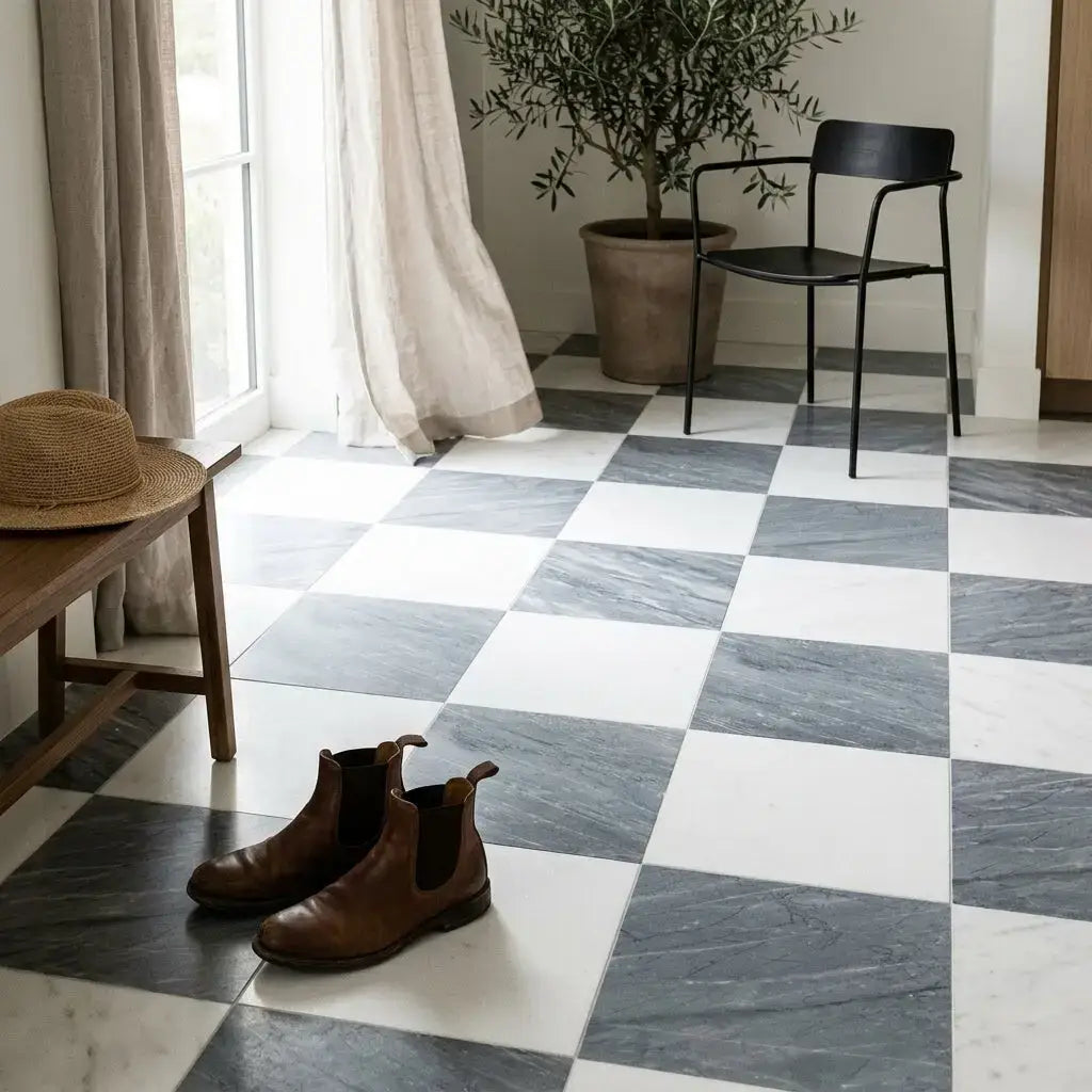 Brown leather chelsea boots on a white and gray marble checkerboard bardiglio imperiale and thassos 18x18 floor