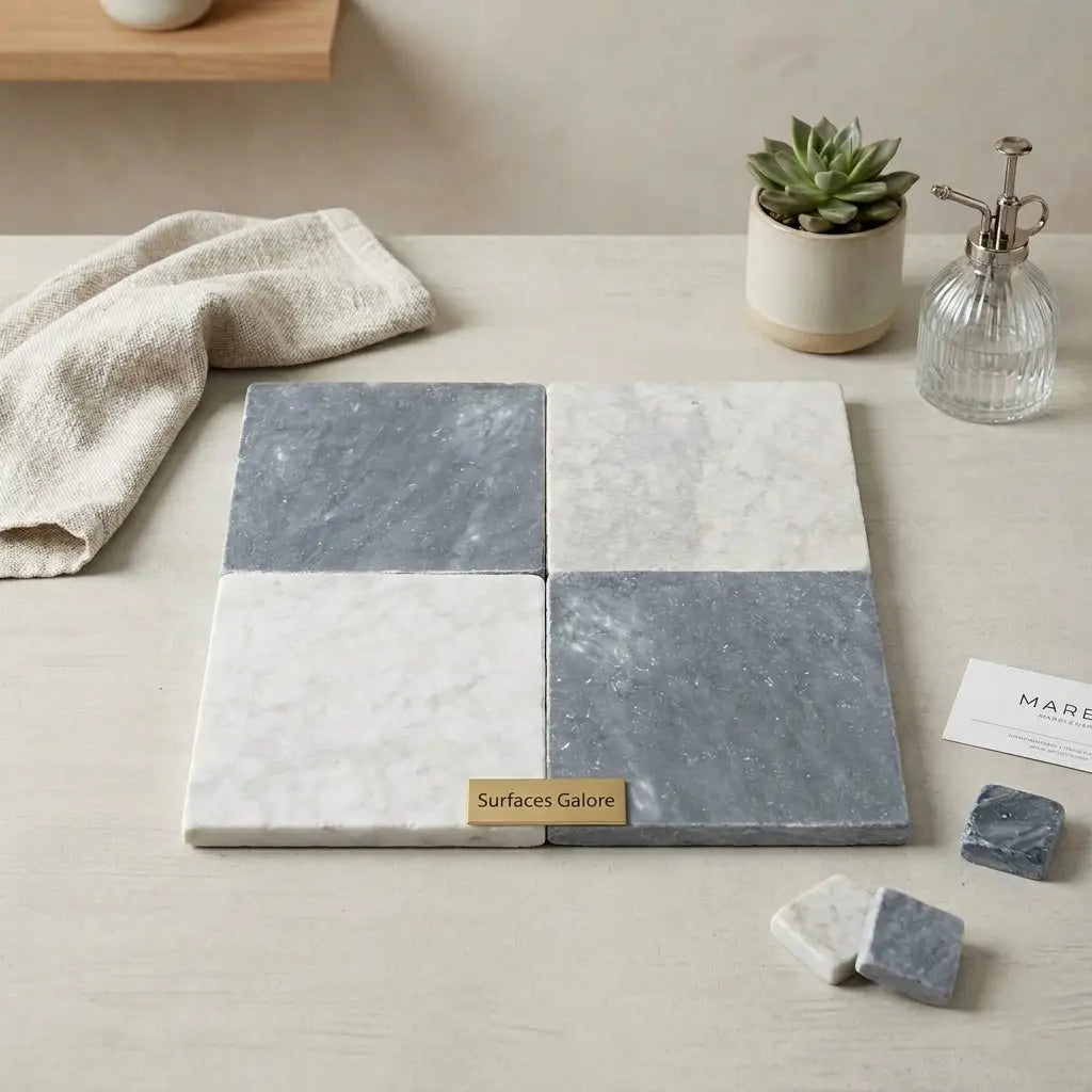 Set of four 12x12 checkerboard Bardiglio gray and Carrara white marble tiles with natural veining and polished finish