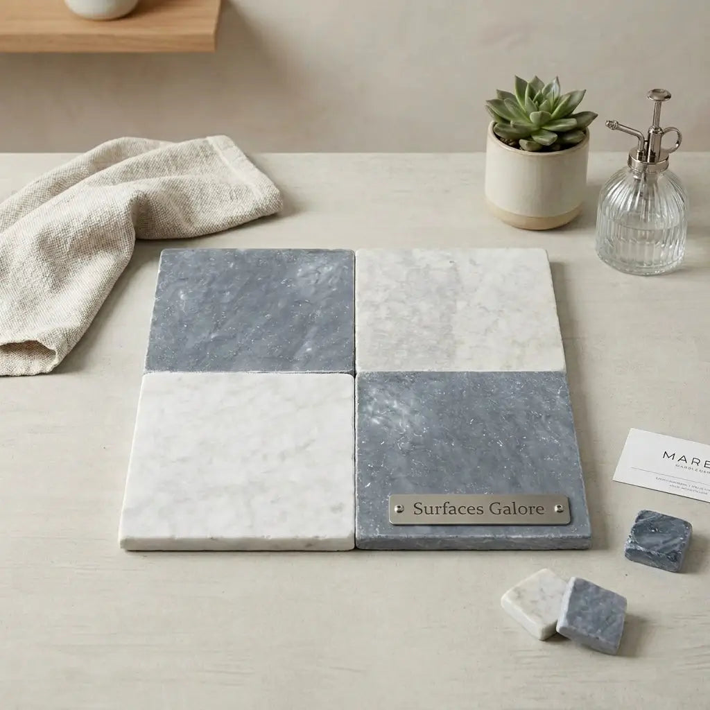 Set of four 12x12 tumbled checkerboard bardiglio gray and carrara white marble tiles with natural veining patterns