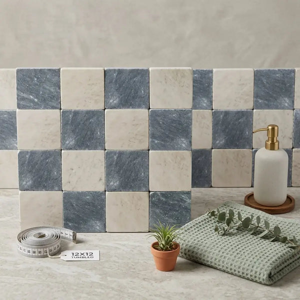 Checkerboard bardiglio marble and oriental white marble 12x12 tumbled tiles in blue and white marble checkerboard pattern