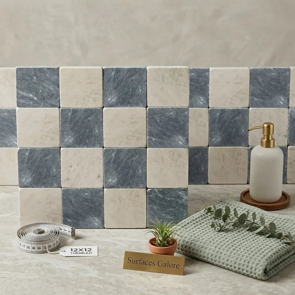 Checkerboard bardiglio marble and oriental white marble 12x12 tumbled tiles in blue and cream square pattern