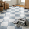 Blue and white checkered bardiglio and oriental white marble tiles with a rustic tumbled finish 12x12 set