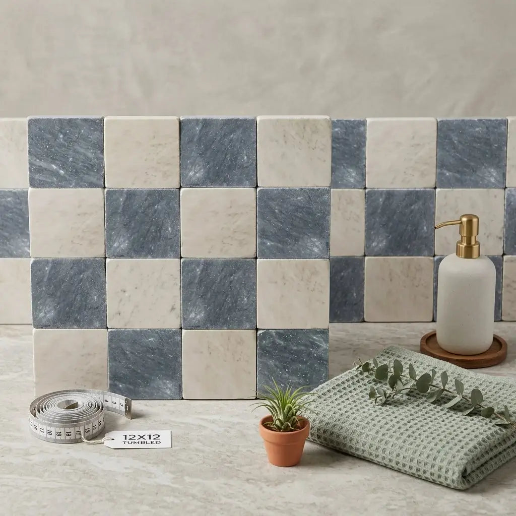Checkerboard bardiglio marble and oriental white marble 12x12 tumbled tiles in blue and white marble checkerboard pattern