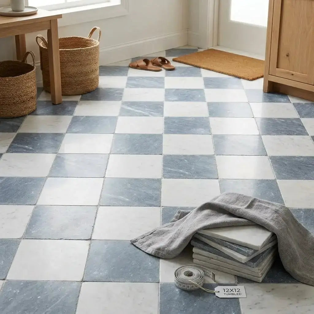 Blue and white marble-effect checkered floor tiles in Bardiglio and Oriental white marble 12x12 tumbled set