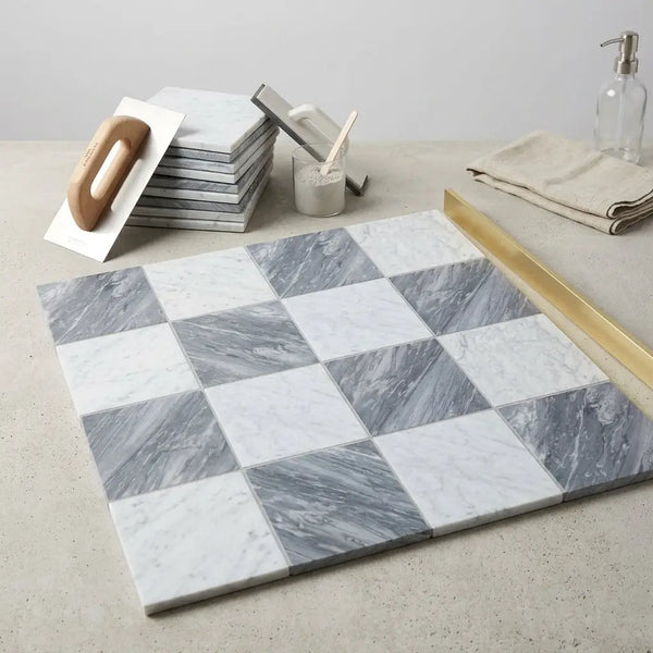 Checkerboard bardiglio nuvolato and bianco carrara marble 12x12 set with gray and white checkered tile pattern
