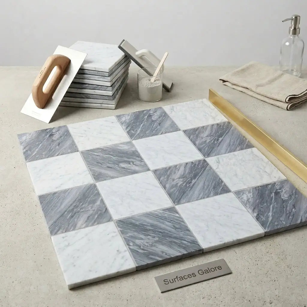Checkerboard bardiglio nuvolato and bianco carrara marble 12x12 set with gray and white checkered tile pattern