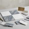 Square marble tiles in a checkerboard bardiglio nuvolato and bianco dolomite pattern with gray and white veining