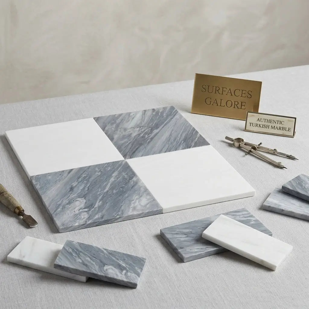 Square marble tiles in a checkerboard bardiglio nuvolato and bianco dolomite pattern with gray and white veining