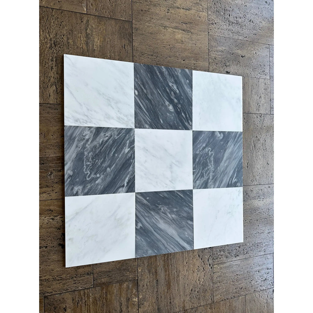 Checkerboard Bardiglio Nuvolato and Oriental White 18x18 mosaic tile panel