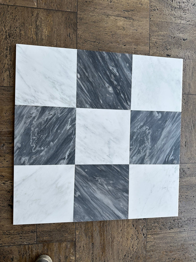 Square Bardiglio Nuvolato and Oriental White 12x12 checkerboard mosaic tile panel
