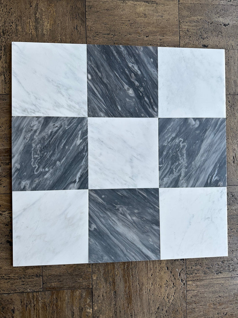 Square mosaic tile panel in Bardiglio Nuvolato and Oriental White 12x12 checkerboard