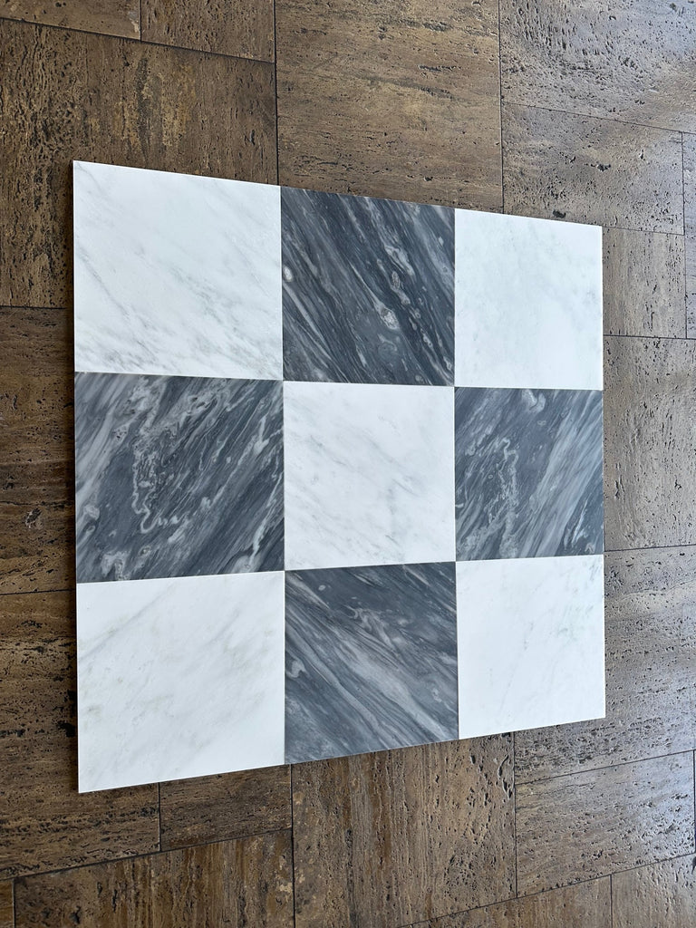 Square mosaic tile panel in Bardiglio Nuvolato and Oriental White 12x12 checkerboard