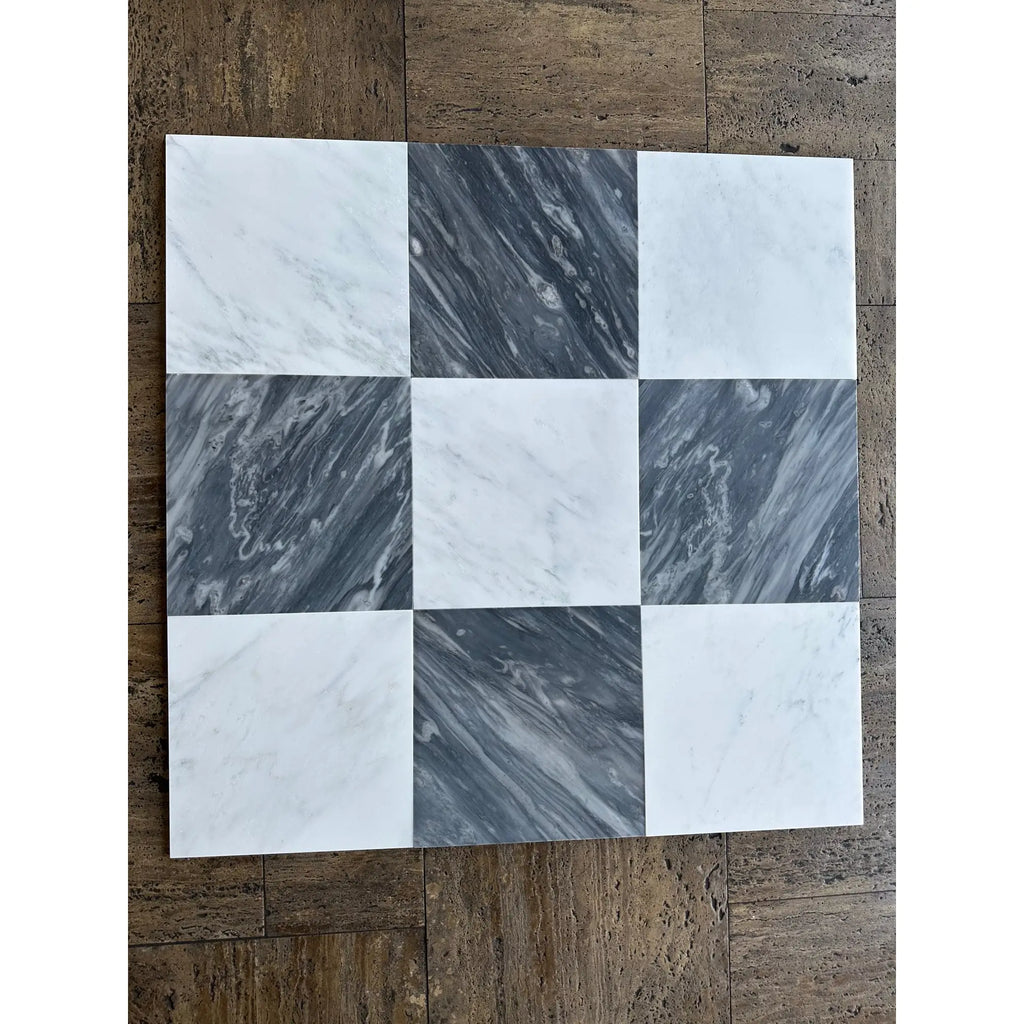 Checkerboard Bardiglio Nuvolato and Oriental White 18x18 mosaic tile panel
