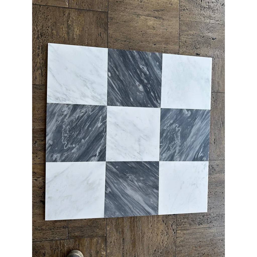 Square mosaic tile panel in Bardiglio Nuvolato and Oriental White 18x18 checkerboard