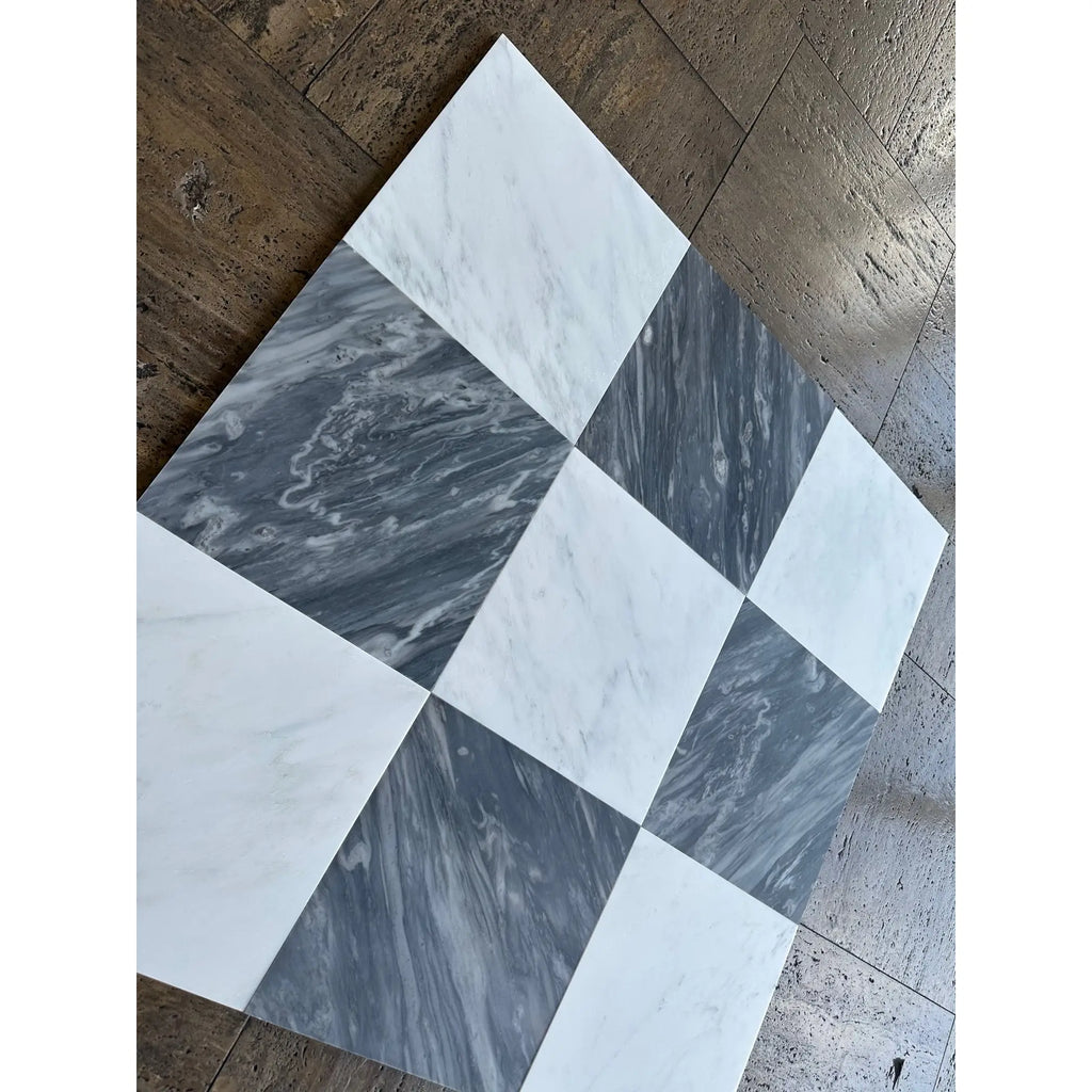 Checkerboard Bardiglio Nuvolato and Oriental White marble tiles, 18x18 set