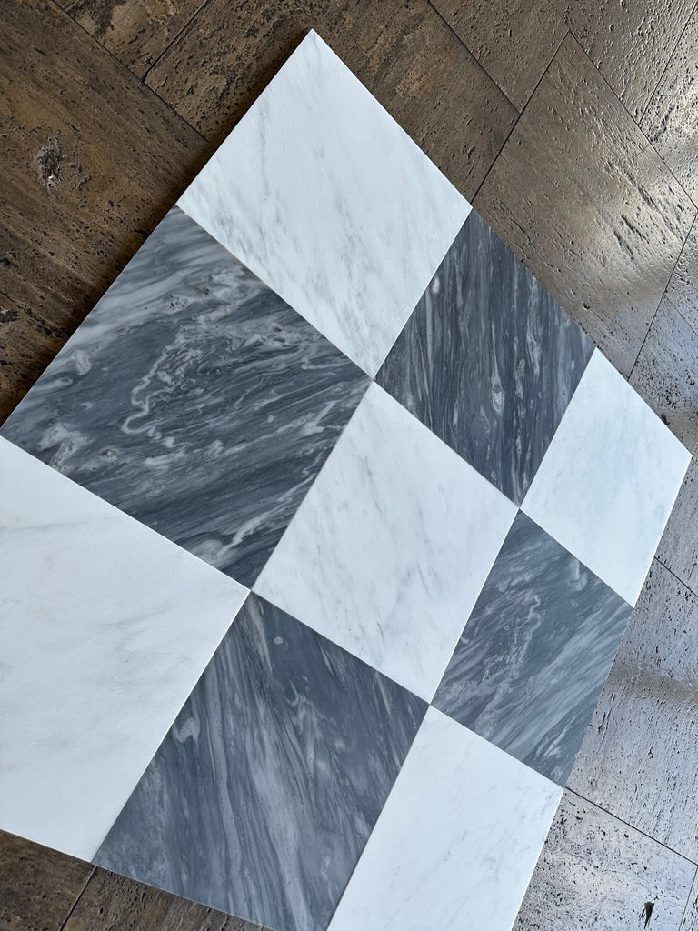 Checkerboard Bardiglio Nuvolato and Oriental White marble tiles, 18x18 set