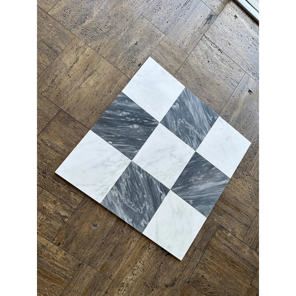 Square Bardiglio Nuvolato and Oriental White marble checkerboard mosaic tile, 18x18 set