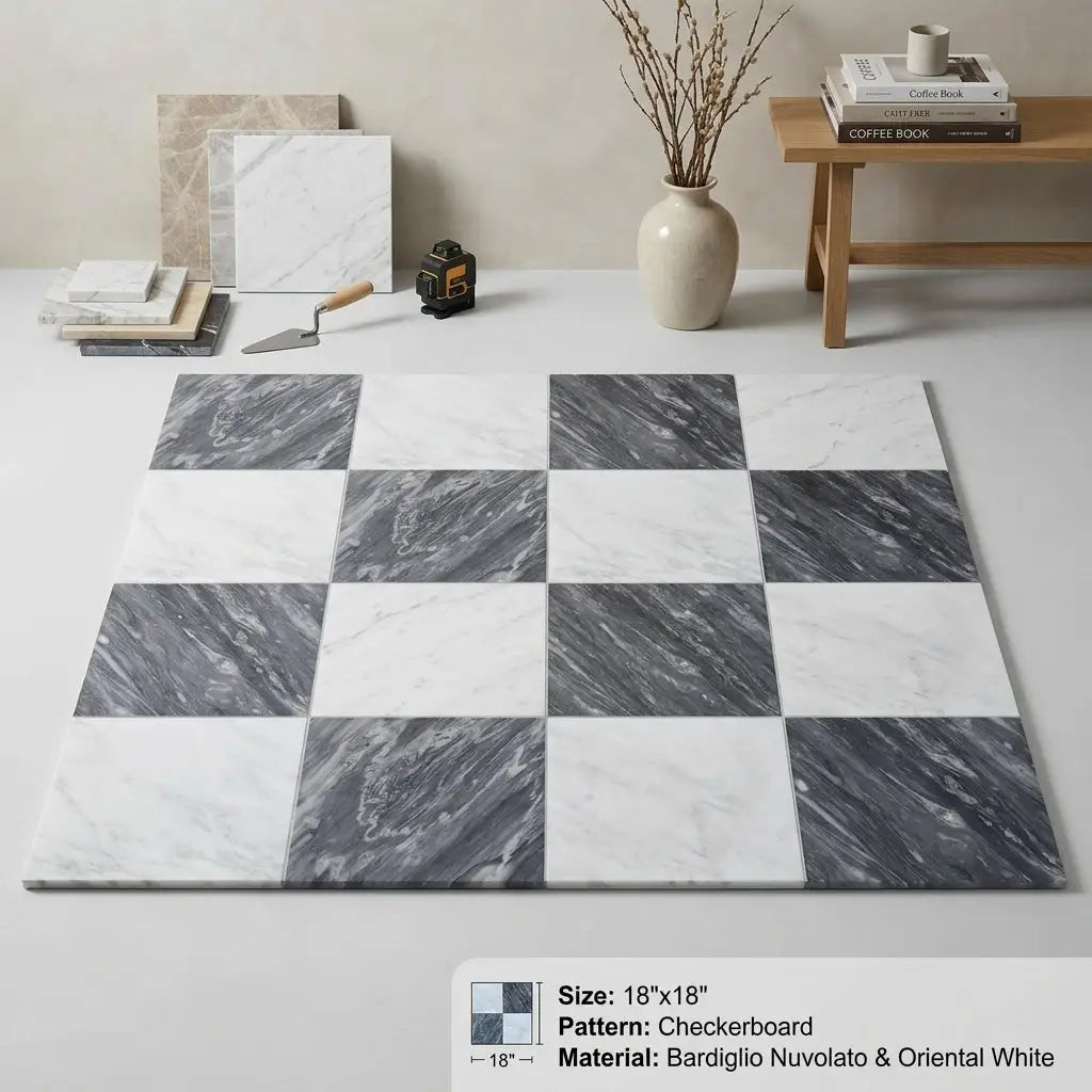 Checkerboard bardiglio nuvolato and oriental white 18x18 floor tiles featuring dark gray and white marble squares