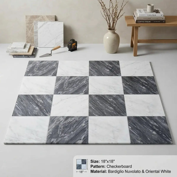 Checkerboard bardiglio nuvolato and oriental white 18x18 floor tiles featuring dark gray and white marble squares