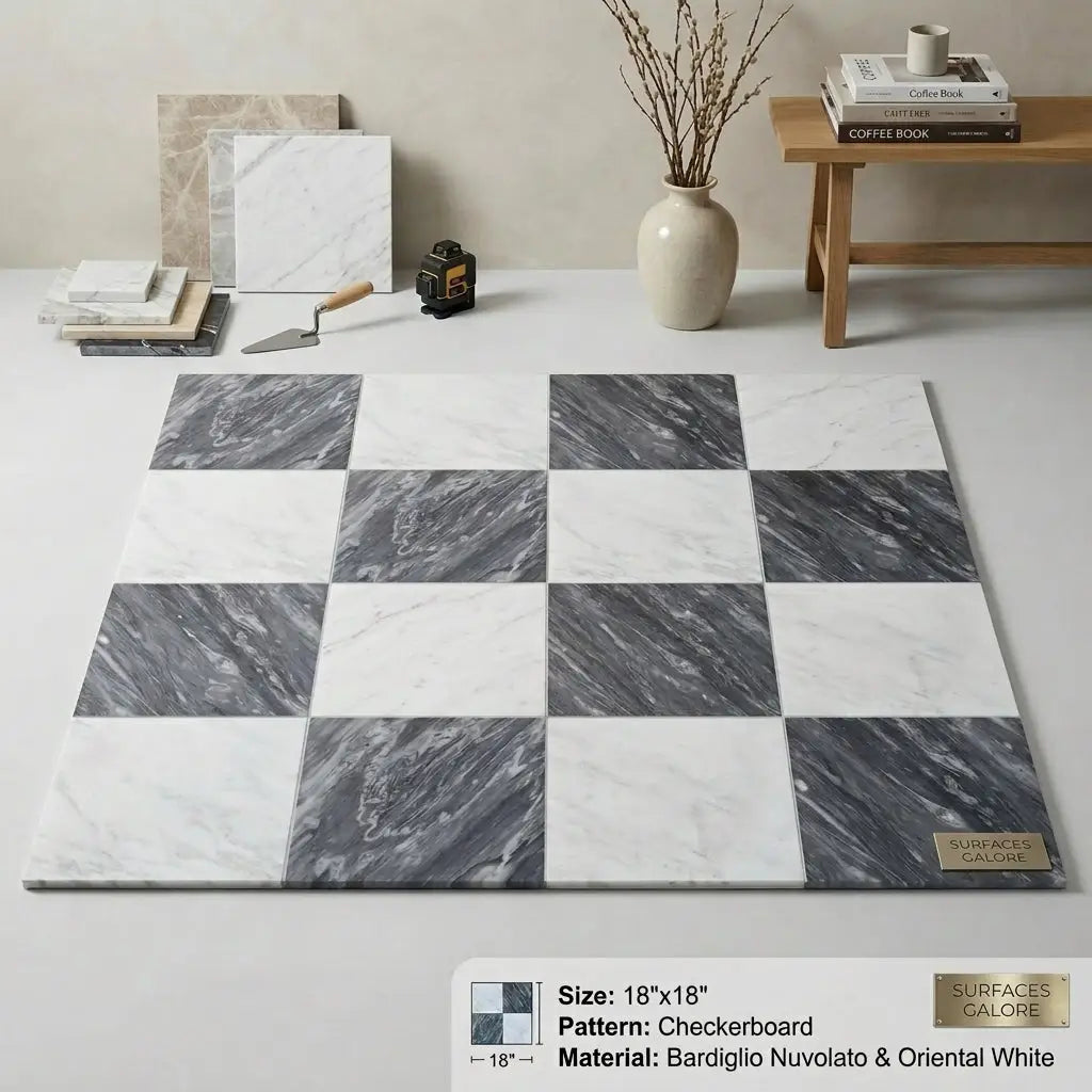 Checkerboard bardiglio nuvolato and oriental white 18x18 floor tiles in dark gray and white marble with natural veining