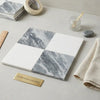 Square marble and white tile coaster with gray veined checkerboard bardiglio nuvolato and thassos 12x12 set