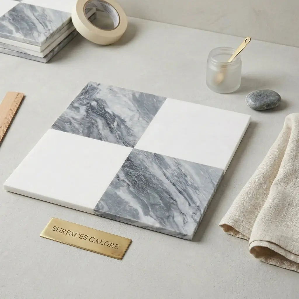 Square marble and white tile coaster with gray veined checkerboard bardiglio nuvolato and thassos 12x12 set