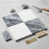Square marble tile with gray and white veined bardiglio nuvolato and polished white thassos checkerboard pattern