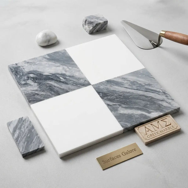 Square marble tile with gray and white veined bardiglio nuvolato and polished white thassos checkerboard pattern