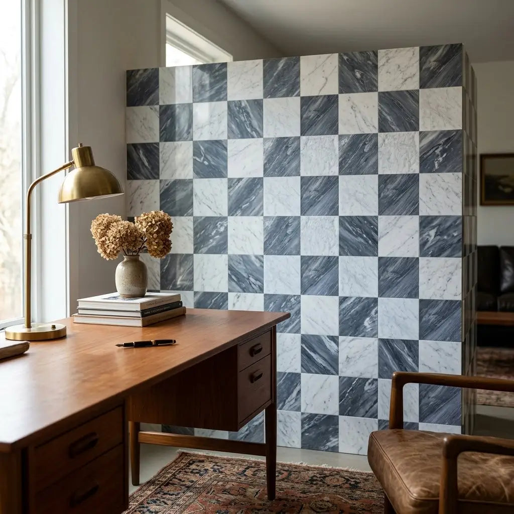 A sleek gold-toned desk lamp with curved arm and rounded base alongside checkerboard bardiglio nuvolato and bianco carrara marble tiles