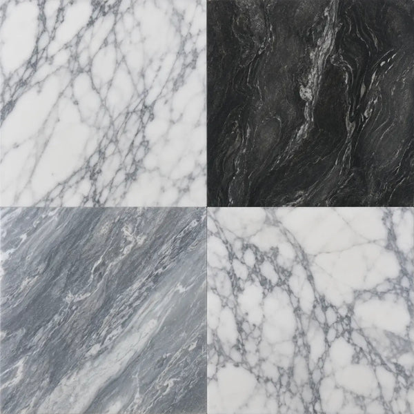 Four polished 12x12 checkerboard bardiglio nuvolato and italian statuary marble tiles with unique white black and gray veining patterns