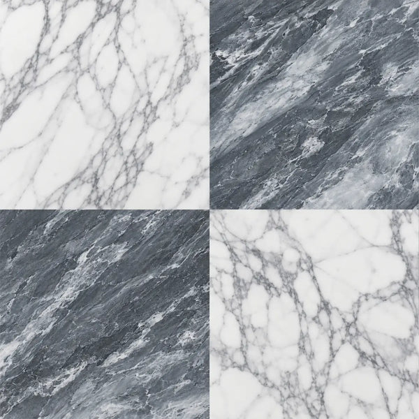 Checkerboard bardiglio nuvolato and italian statuary marble 18x18 tiles featuring white and gray marble with intricate veining patterns