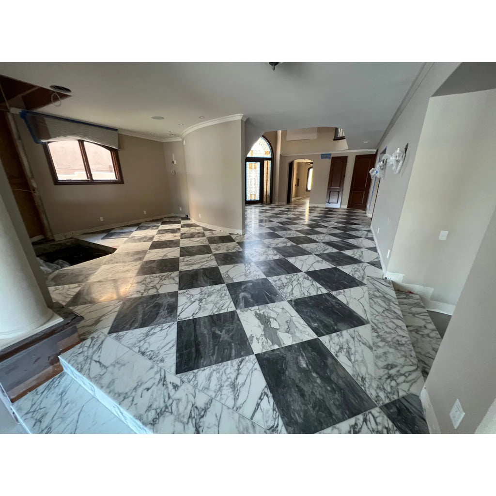 Checkerboard bardiglio nuvolato and italian statuary marble floor tiles with black and white checkered pattern 24x24 inches