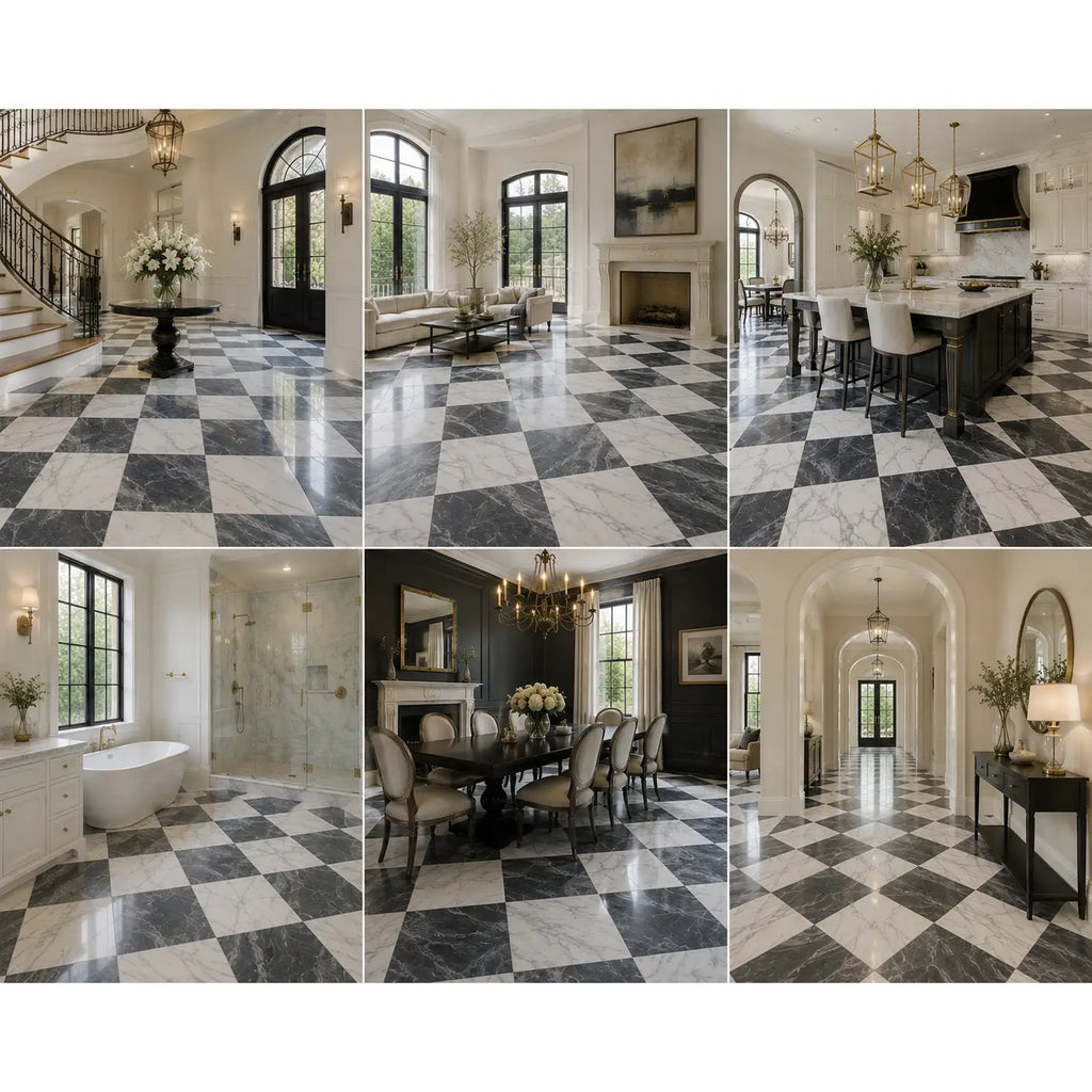 Black and white marble checkered flooring made of checkerboard bardiglio nuvolato and italian statuary marble 24x24