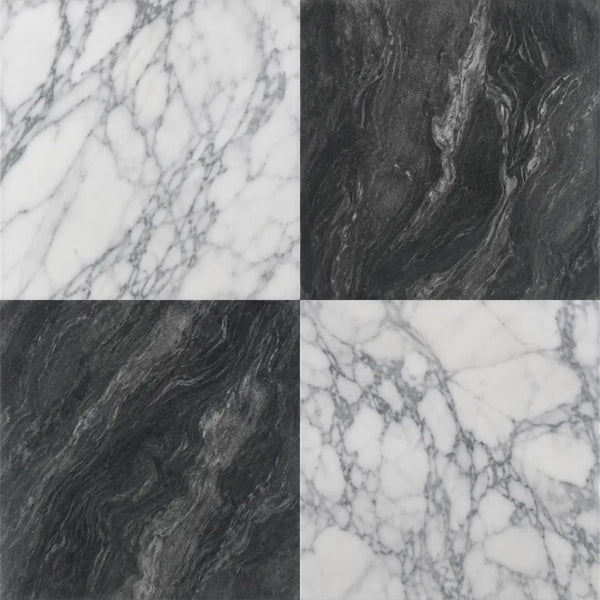 Checkerboard bardiglio nuvolato and italian statuary marble 24x24 tiles with white and gray marble veining patterns