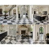 Black and white marble tiles in checkerboard bardiglio nuvolato and italian statuary marble arranged in diamond pattern