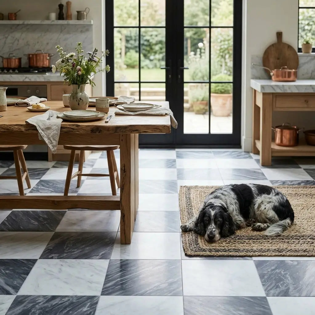 A black and white speckled dog resting on a woven jute rug with checkerboard bardiglio nuvolato and oriental white tiles