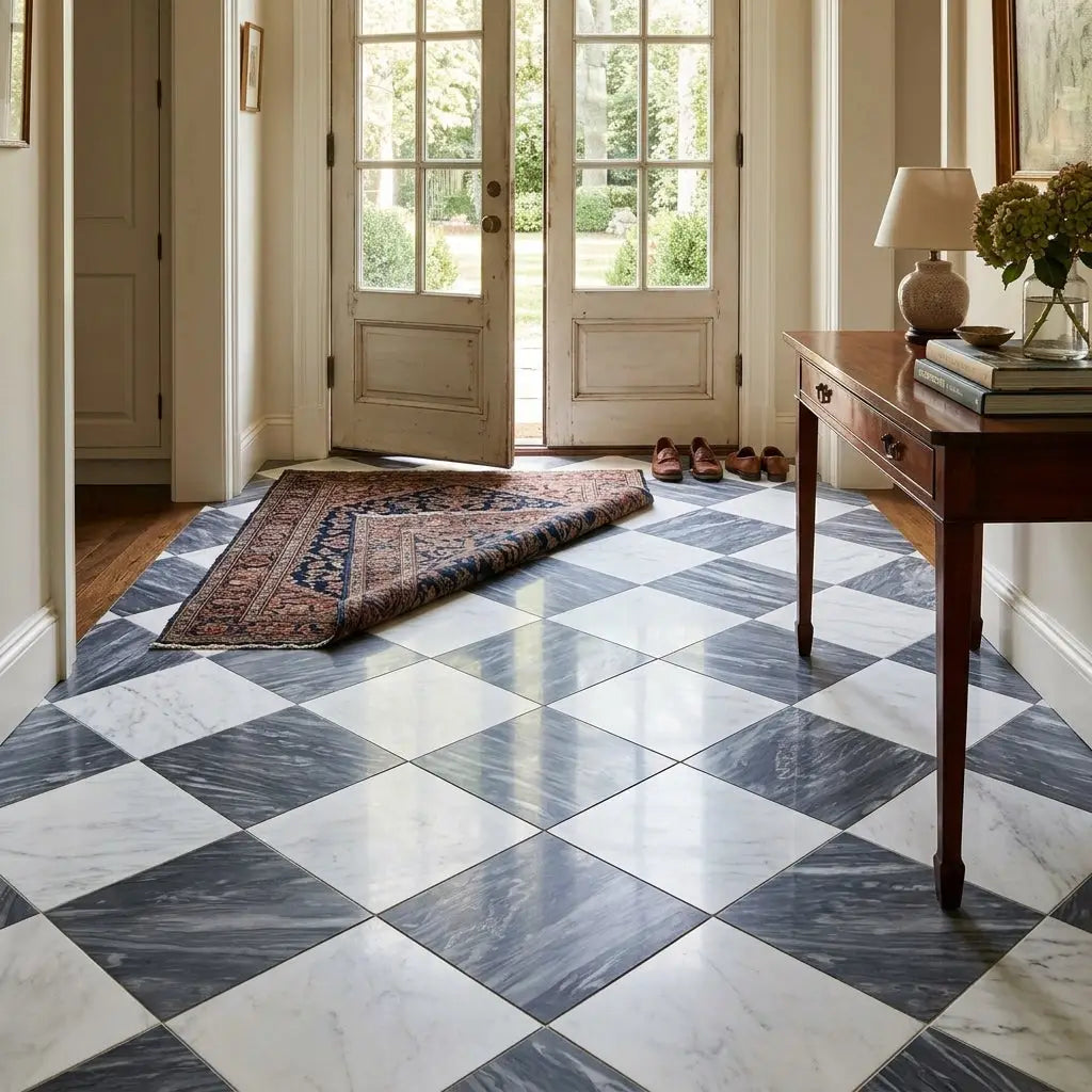 Checkerboard bardiglio nuvolato and oriental white polished marble floor tiles in a striking 18x18 checkerboard pattern