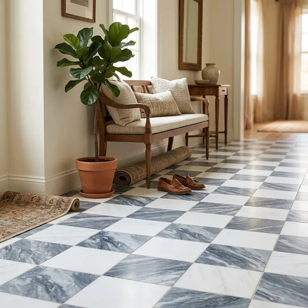 A potted fiddle leaf fig plant in a terracotta pot featured with checkerboard bardiglio nuvolato and thassos 12x12 tiles