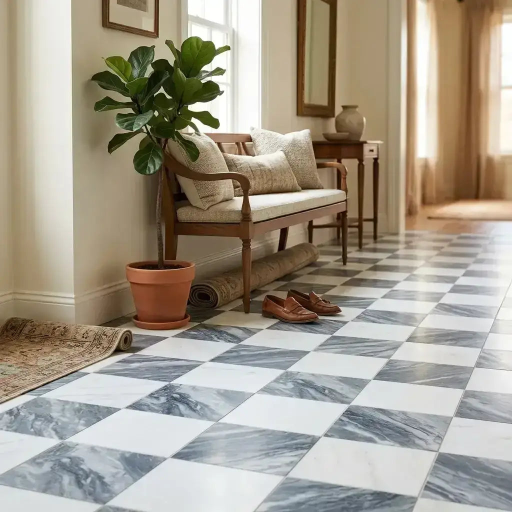 A potted fiddle leaf fig plant in a terracotta pot placed on checkerboard bardiglio nuvolato and thassos 12x12 tile set