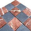 Interlocking diamond-shaped marble tiles in grey and reddish-brown with natural veining