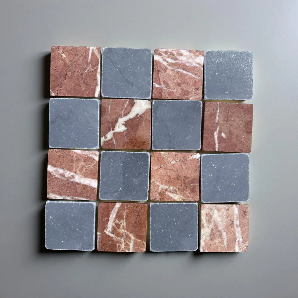 Checkerboard Bardiglio Rojo Alicante 3x3 tumbled tile grid with marble and gray squares