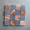 Checkerboard Bardiglio Rojo Alicante 3x3 tumbled tiles featuring reddish-brown marble and gray squares