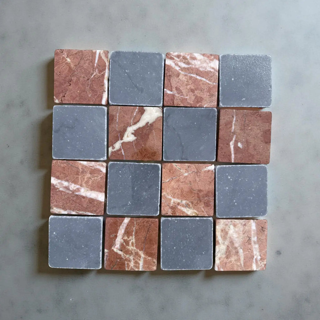 Checkerboard Bardiglio Rojo Alicante 3x3 tumbled tiles featuring reddish-brown marble and gray squares
