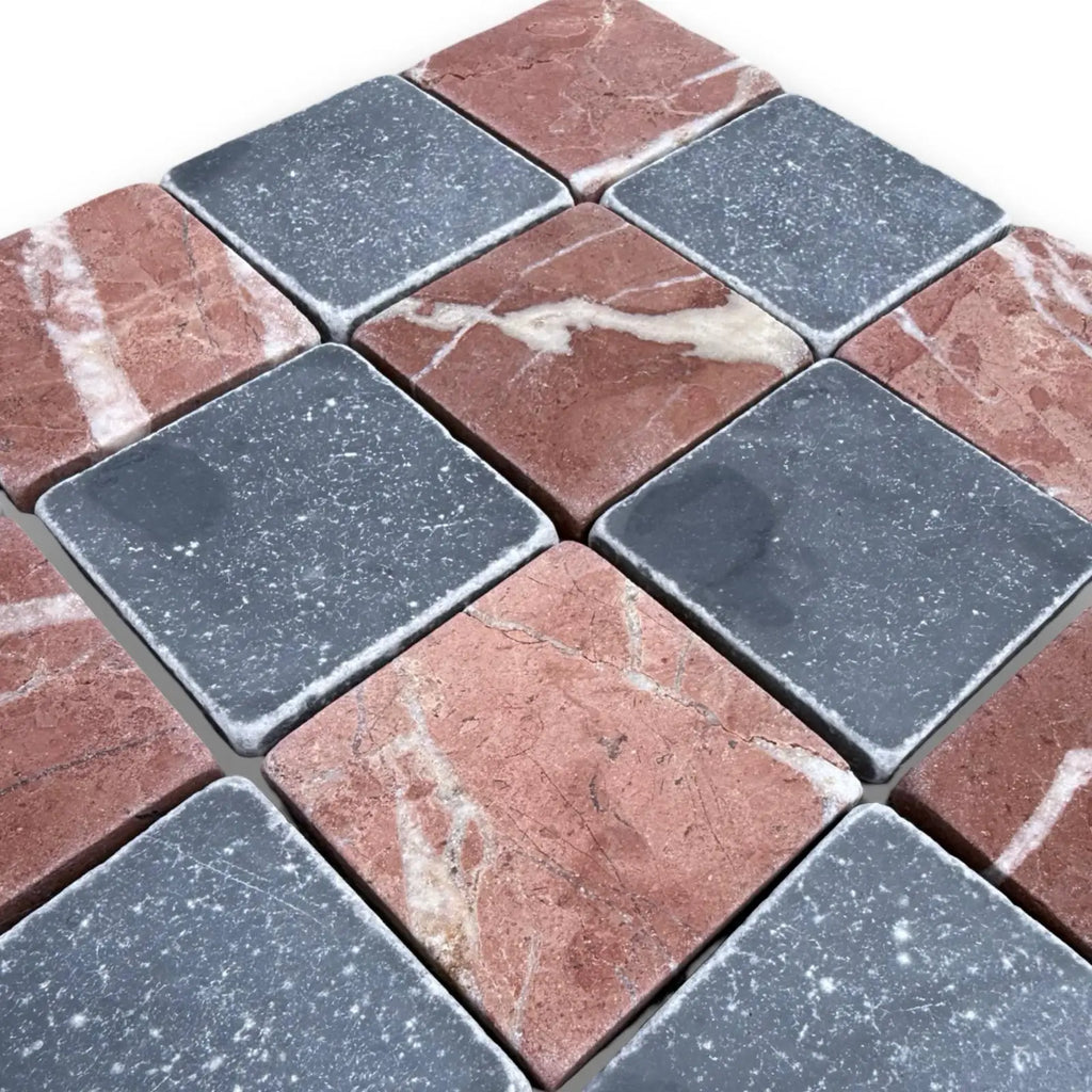 Checkerboard Bardiglio Rojo Alicante 3x3 Tumbled marble tile mosaic