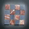 Checkerboard Bardiglio Rojo Alicante 3x3 tumbled mosaic tile sample with red marble and gray stone