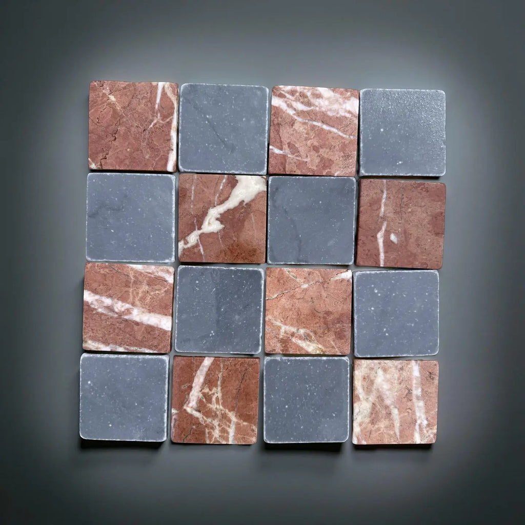 Checkerboard Bardiglio Rojo Alicante 3x3 tumbled mosaic tile sample with red marble and gray stone