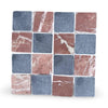 Mosaic tile sheet with red marble and speckled blue-gray stone in Checkerboard Bardiglio Rojo Alicante style