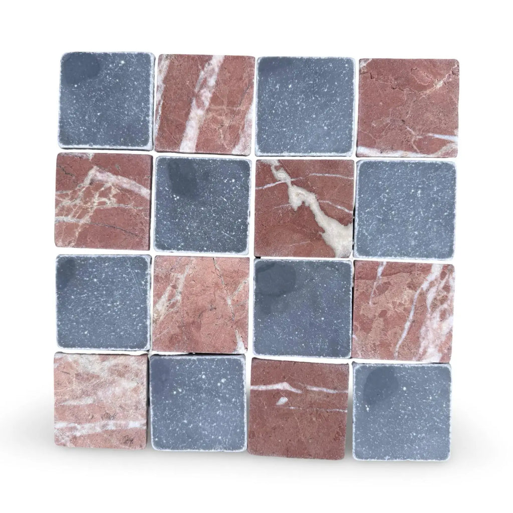 Mosaic tile sheet with red marble and speckled blue-gray stone in Checkerboard Bardiglio Rojo Alicante style
