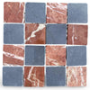Checkerboard pattern of reddish-brown marble with white veins and solid gray tiles