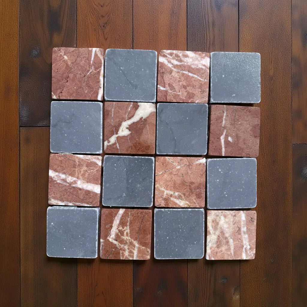 Checkerboard pattern of Bardiglio Rojo Alicante marble tiles with reddish-brown and gray hues